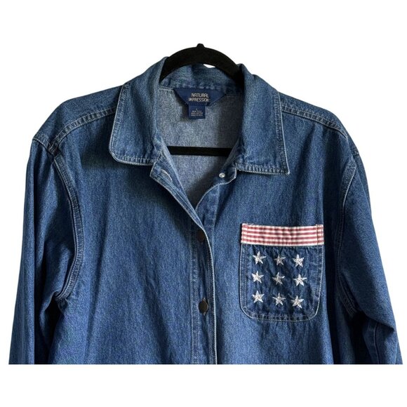 Patriotic Barn Coat Chore Denim Jacket Natural Impressions L Stars Stripes Large - Picture 2 of 6